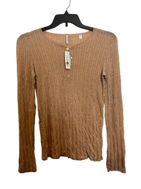 Strip Henley Champagne Sweater By Bauhaus M Long Sleeve Ribbed Knit Beaded Detai